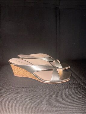 Stuart Weitzman Metallic Silver Cork Wedge Sandals